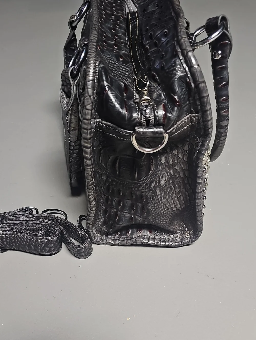 Grey Croc Leatherette Crystal Srud Silver Satchel Purse Bag Crossbody EUC